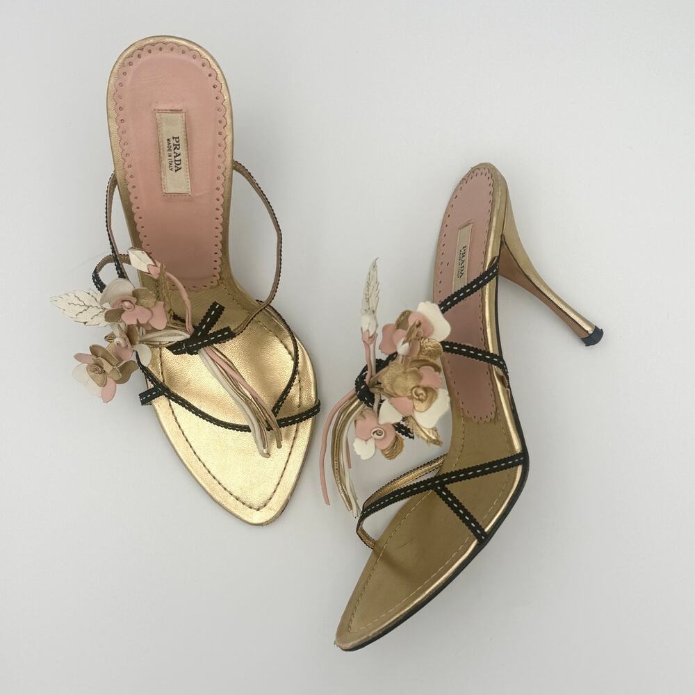 Rare Vintage Prada 2002 Flower Bouquet Gold Heels Neiman Marcus 95th Anniversary
